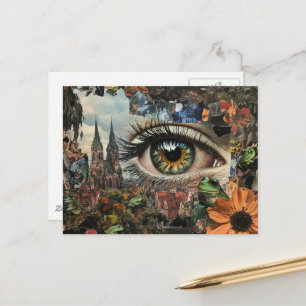 Surreal hazelnootkleurig oog dat naar de stad kijk briefkaart