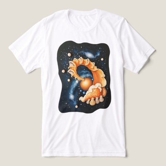 Surreal Hemelblauw Schelp in Cosmic Nevel T-Shirt (Design voorkant)