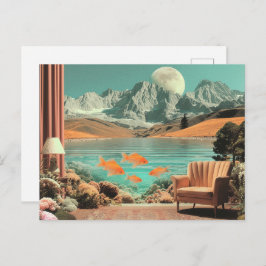 Surreal interieur met vissen en maanverlicht lands briefkaart