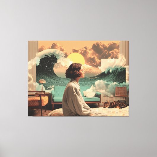 Surreal Interior With Woman and Cat Canvas Afdruk (Voorkant)