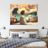 Surreal Interior With Woman and Cat Canvas Afdruk (Insitu (Slaapkamer))