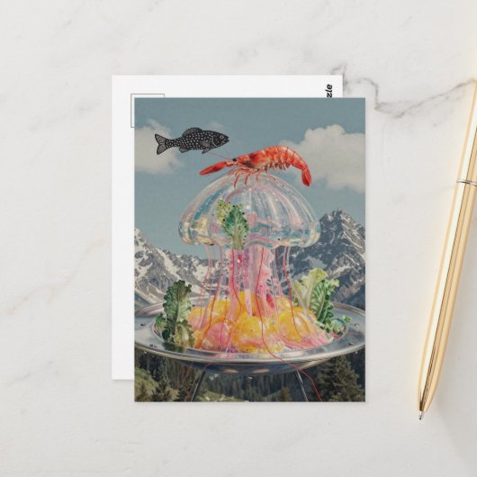 Surreal Jellyfish Collage Briefkaart (Voorkant / Achterkant in situ)