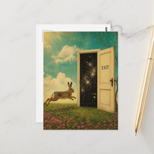 SURREAL konijn ontsnapt uit de exitportaal Briefkaart (Voorkant / Achterkant in situ)