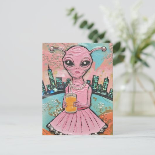 Surreal Lady Alien in het roze met Oranje sap Briefkaart (Staand voorkant)