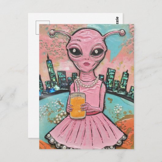 Surreal Lady Alien in het roze met Oranje sap Briefkaart (Voorkant / Achterkant)
