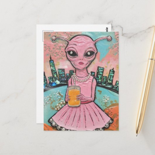 Surreal Lady Alien in het roze met Oranje sap Briefkaart (Voorkant / Achterkant in situ)