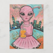 Surreal Lady Alien in het roze met Oranje sap Briefkaart (Voorkant)