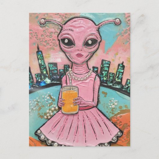 Surreal Lady Alien in het roze met Oranje sap Briefkaart (Voorkant)