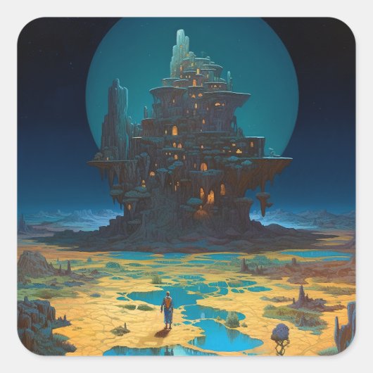 Surreal Landscape Towering City Fantasy Art Vierkante Sticker (Voorkant)