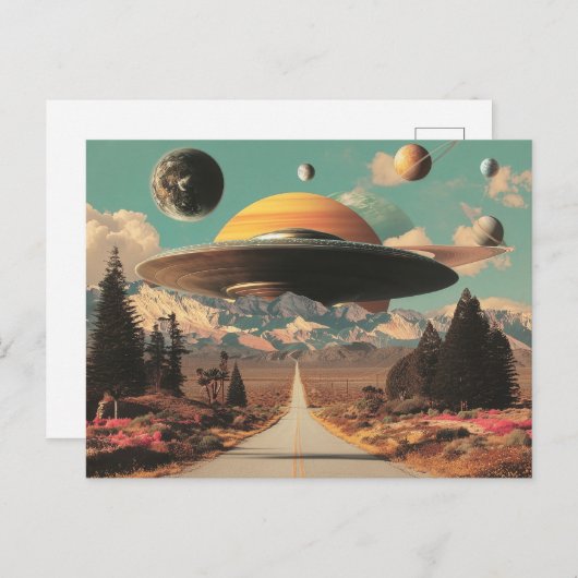 Surreal Landscape with Road, UFO and Saturn Briefkaart (Voorkant / Achterkant)