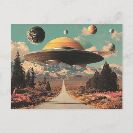 Surreal Landscape with Road, UFO and Saturn Briefkaart (Voorkant)