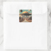 Surreal Landscape with Road, UFO and Saturn  Vierkante Sticker (Tas)