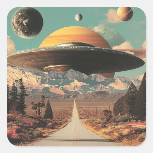 Surreal Landscape with Road, UFO and Saturn  Vierkante Sticker (Voorkant)