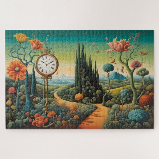 Surreal landschap met klok en cipressen legpuzzel (Horizontaal)