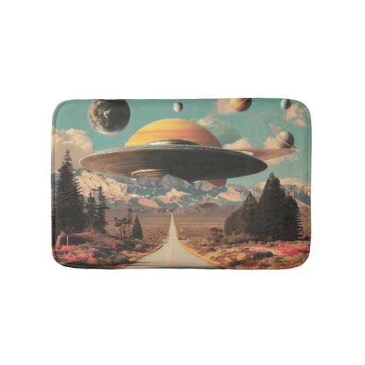 Surreal landschap met weg, UFO en Saturnus Badmat (Voorkant)