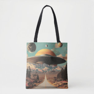 Surreal landschap met weg, UFO en Saturnus Tote Bag