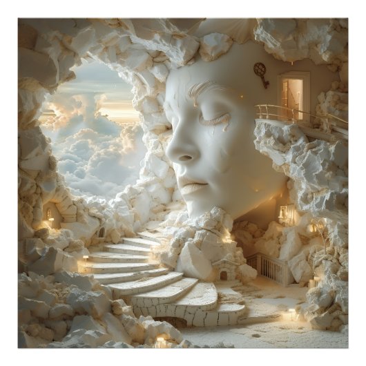 Surreal Marble Head Interior Dreamscape Stairway Foto Afdruk (Voorkant)