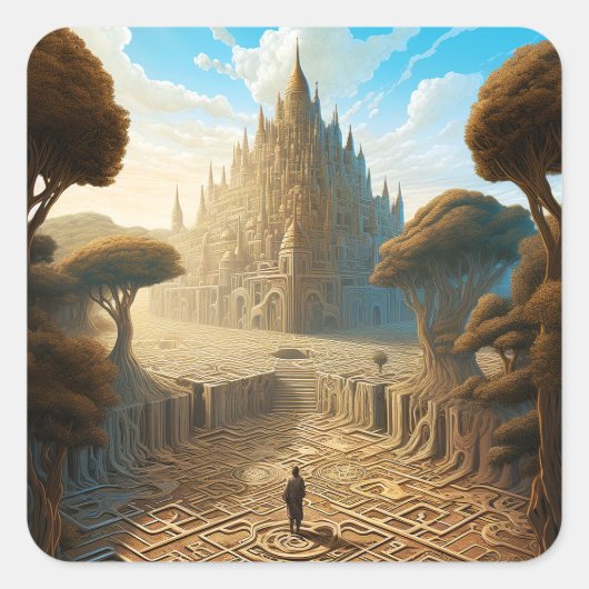 Surreal Maze Castle Landscape Fantasy Art Vierkante Sticker (Voorkant)
