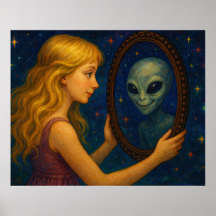 Surreal meisje met spiegel met buitenaardse reflec poster
