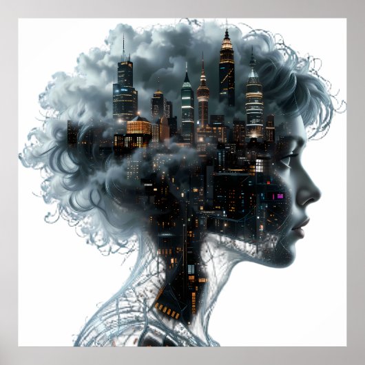 Surreal Mindscape: City within a Woman's Head Poster (Voorkant)