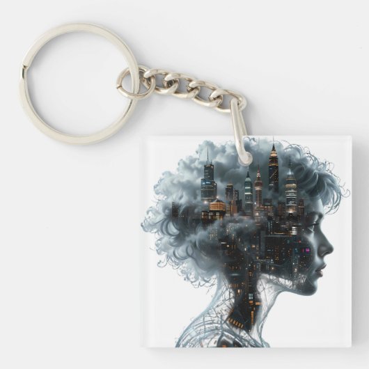 Surreal Mindscape: City within a Woman's Head Sleutelhanger (voorkant)
