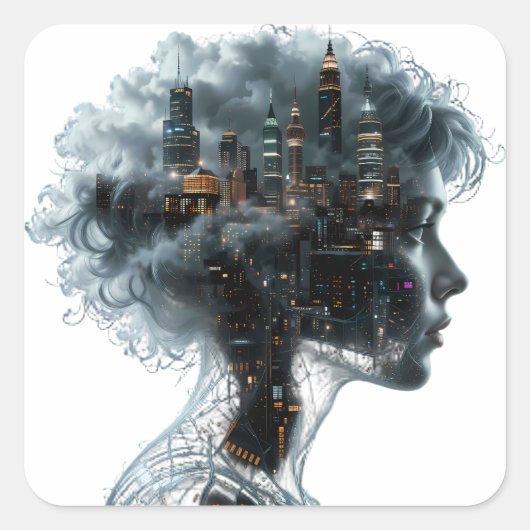 Surreal Mindscape: City within a Woman's Head Vierkante Sticker (Voorkant)