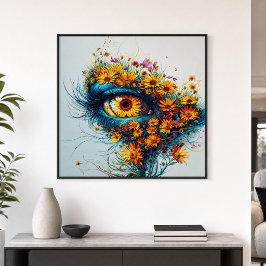 Surreal Moeder Natuur Oog Geel Teal Wilde Bloemen Perfect Poster