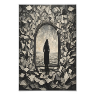 Surreal monochroom zwevende papieren foto afdruk