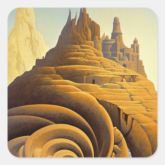 Surreal Mountain City Fantasy Art Vierkante Sticker (Voorkant)