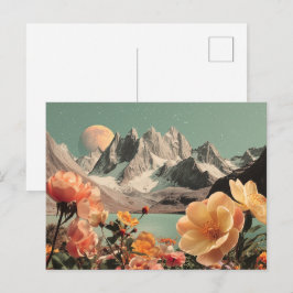 Surreal Mountain Landscape With Blooming Flowers Briefkaart