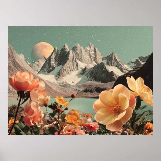Surreal Mountain Landscape With Blooming Flowers Poster (Voorkant)