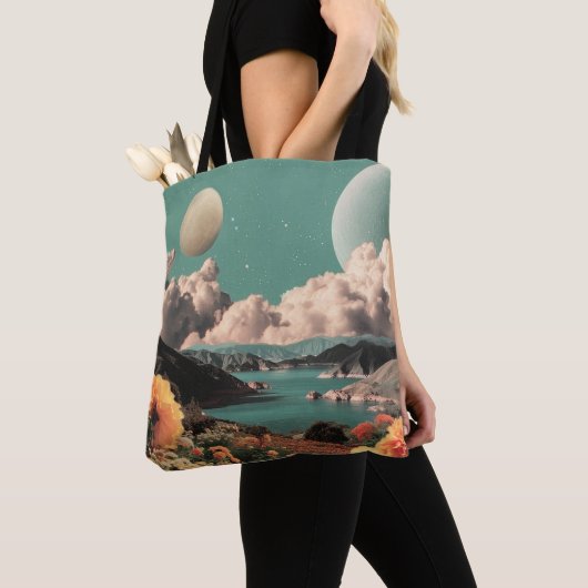 Surreal Mountain Landscape with Planets and Clouds Tote Bag (Dichtbij)