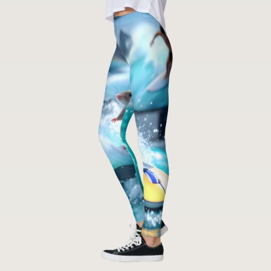 Surreal Mouse Surfing Digital Waves – Whimsical Te Leggings (Links)