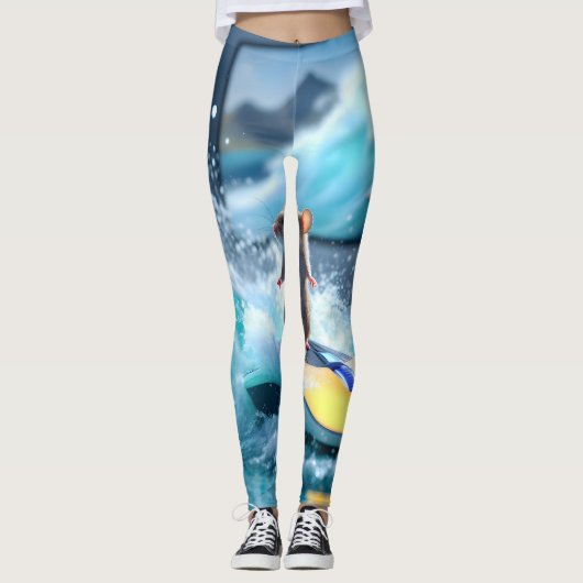 Surreal Mouse Surfing Digital Waves – Whimsical Te Leggings (Voorkant)