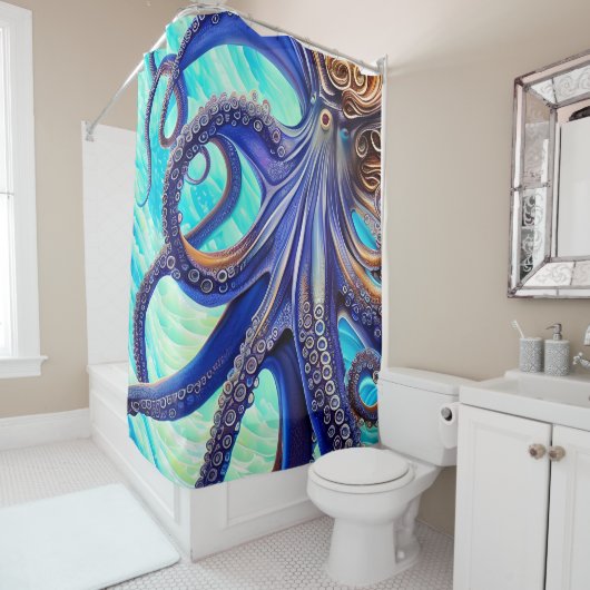 Surreal Octopus Blue Ocean Wave Impressionisme Douchegordijn (In situ)