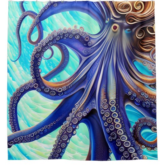 Surreal Octopus Blue Ocean Wave Impressionisme Douchegordijn (Voorkant)
