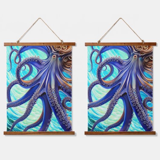 Surreal Octopus Blue Ocean Wave Impressionisme Hangend Wandkleed (Dubbel)