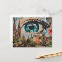 Surreal oog dat naar de stad kijkt