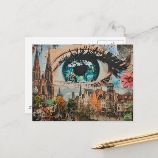 Surreal oog dat naar de stad kijkt briefkaart (Voorkant / Achterkant in situ)