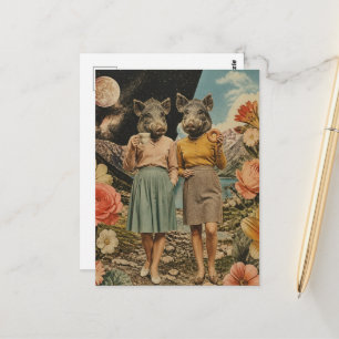 Surreal paar varkensdames ontbijt collage briefkaart