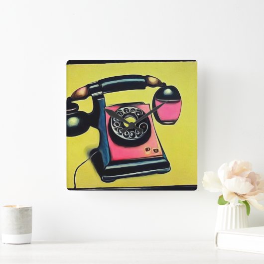 Surreal Pop Art Retro Telefoon 6 Vierkante Klok (Huis)