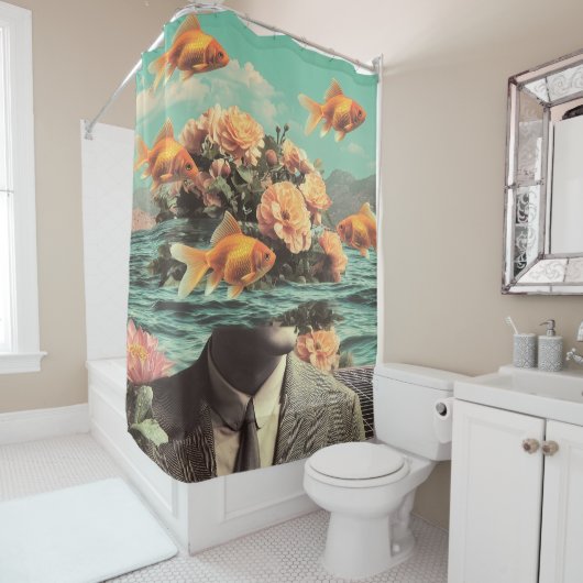 Surreal Portrait With Goldfish Flowers And Ocean Douchegordijn (In situ)