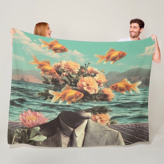 Surreal Portrait With Goldfish Flowers And Ocean Fleece Deken (In situ)
