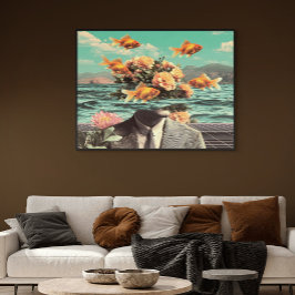 Surreal Portrait With Goldfish Flowers And Ocean Poster