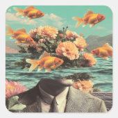 Surreal Portrait With Goldfish Flowers And Ocean Vierkante Sticker (Voorkant)