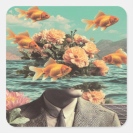 Surreal Portrait With Goldfish Flowers And Ocean Vierkante Sticker