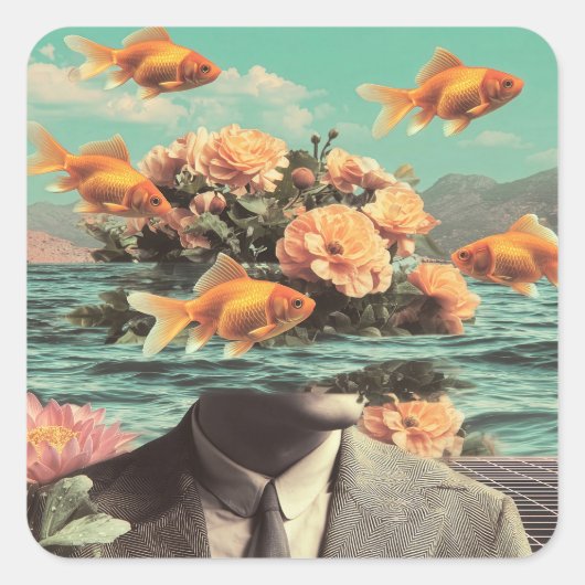 Surreal Portrait With Goldfish Flowers And Ocean Vierkante Sticker (Voorkant)
