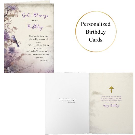 Surreal Purple Flowers Tree with Bird Birthday Kaart