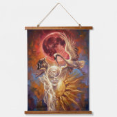 Surreal Red Moon & Crane Canvas Art – Symbolic Fan Hangend Wandkleed (Voorkant)
