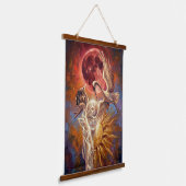 Surreal Red Moon & Crane Canvas Art – Symbolic Fan Hangend Wandkleed (Gebogen)